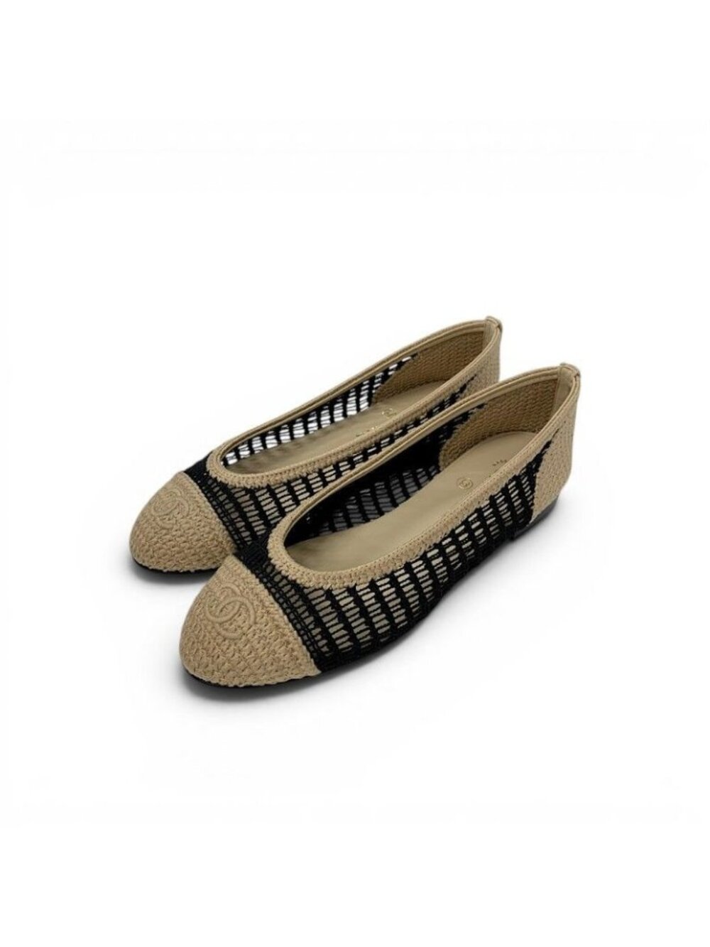 Chanel Flat Shoes Raffia Beige Black Ballerina CC Logo Ballet